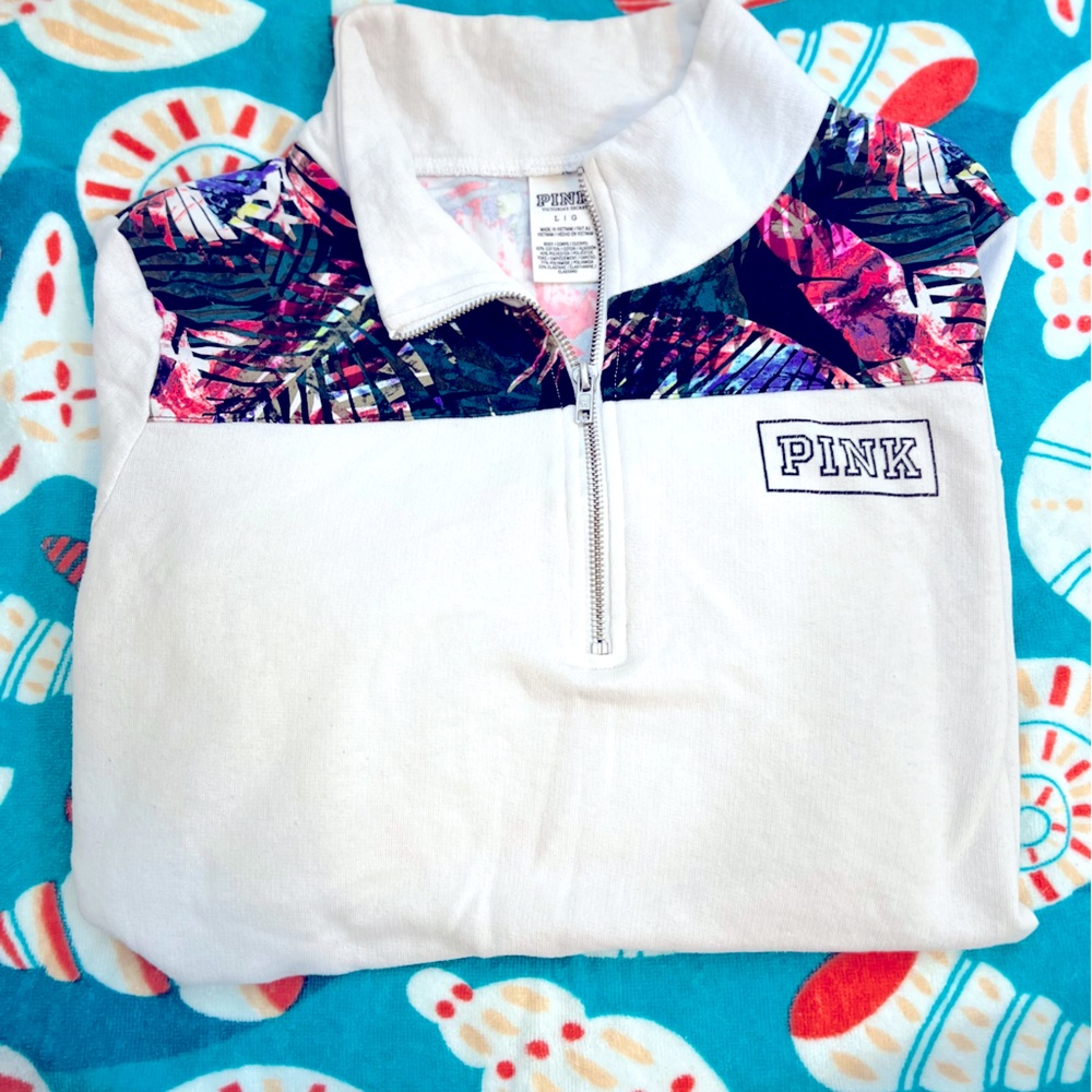 Victoria’s Secret PINK White and tropical print quarter zip pullover sweatshirt